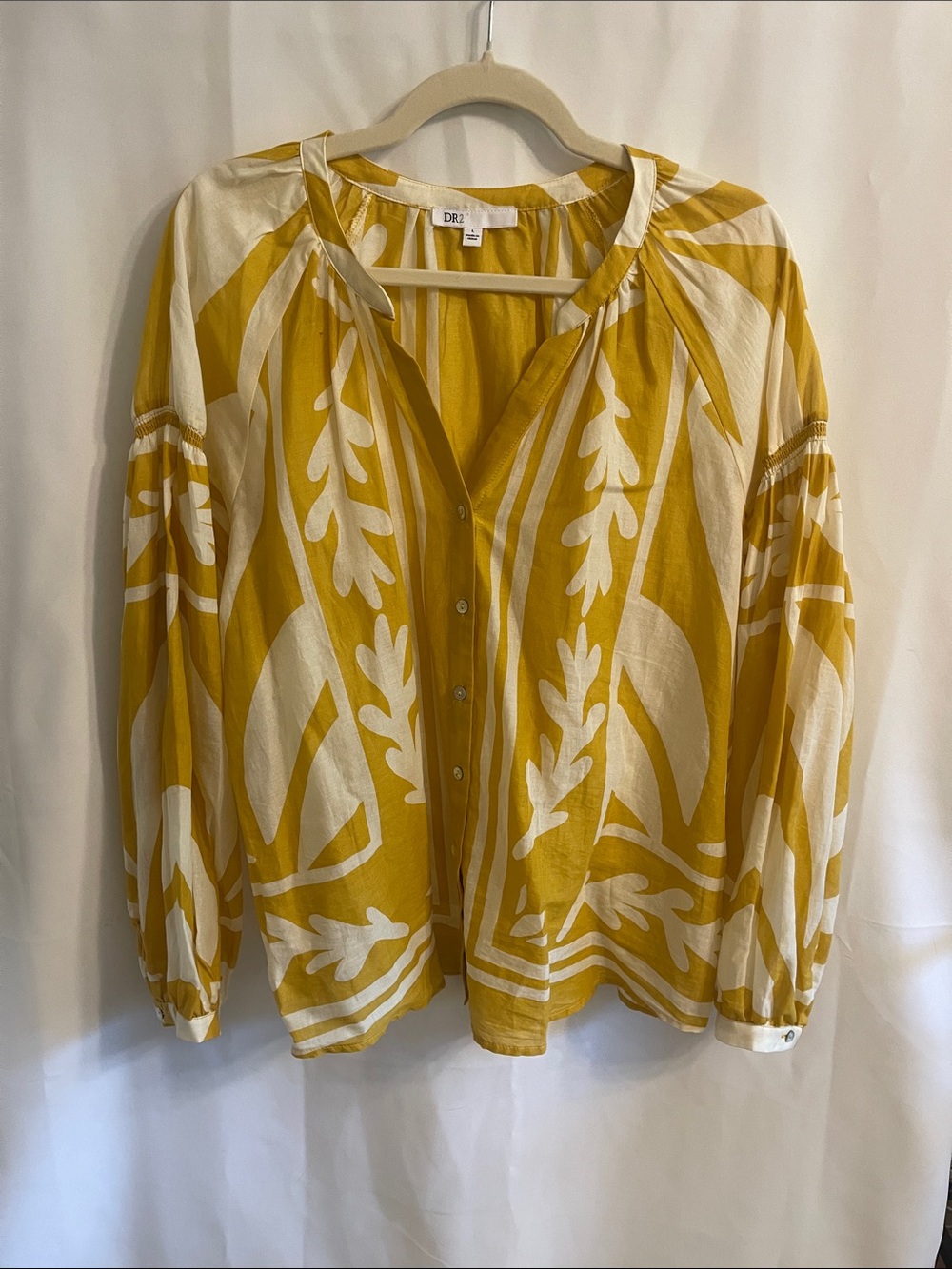 DR2 Mustard & Cream Button Front Flowy Boho Chic Blouse